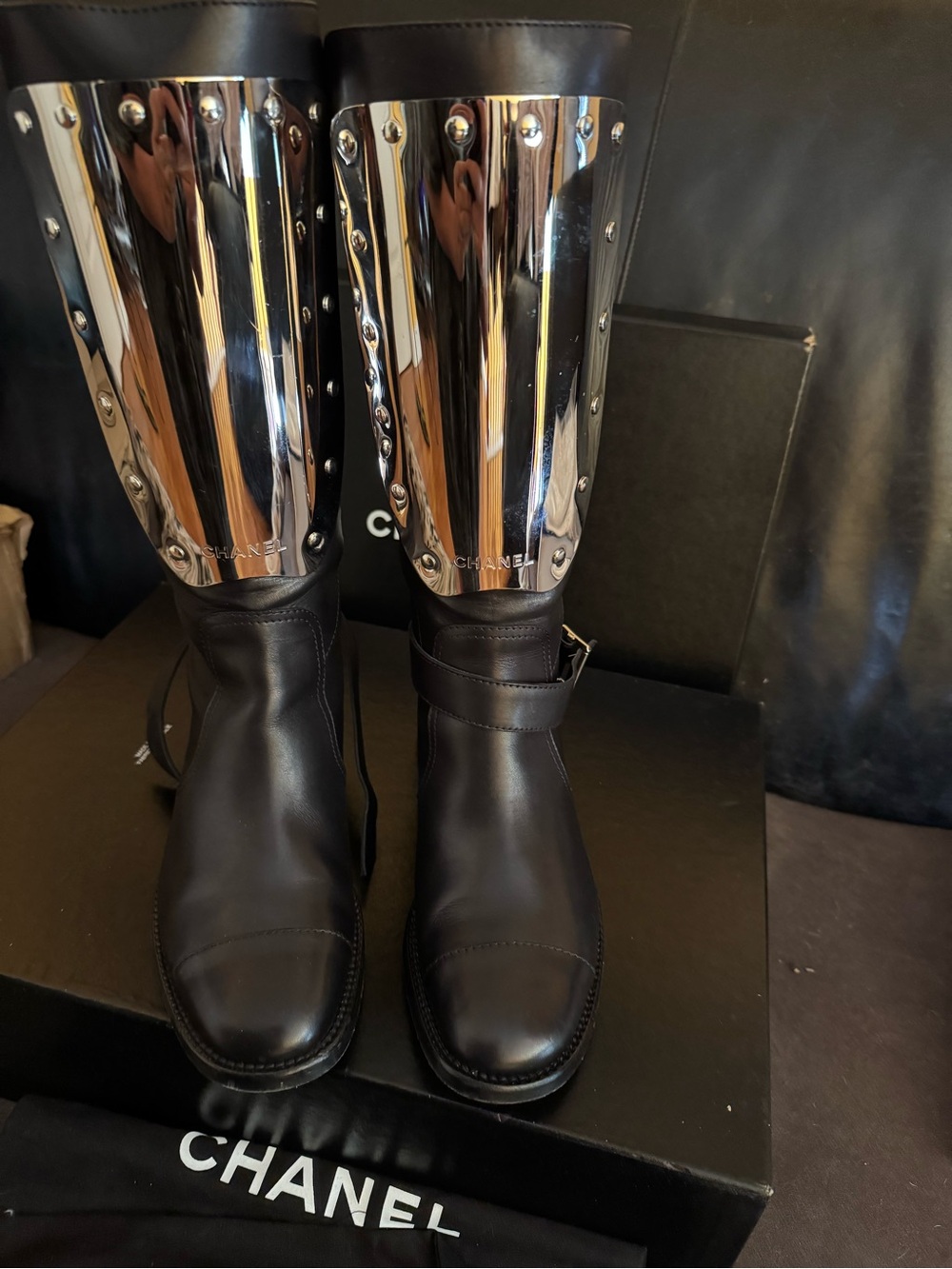 CHANEL Black Leather Knee-High Combat Boots with Silver Plate - Picture 9 of 16